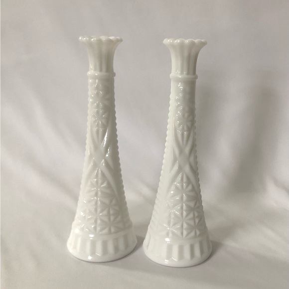 Vintage Farmhouse White Milk Glass Tall Bud Vases 9” - Set of 2 - Picture 3 of 10